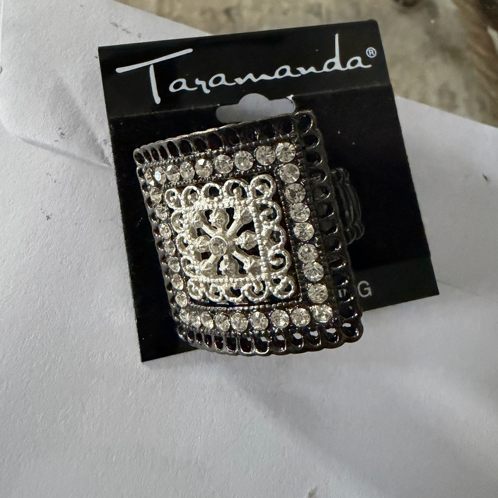 Taramanda Crystal Square Filigree Statement Ring - Silver Tone